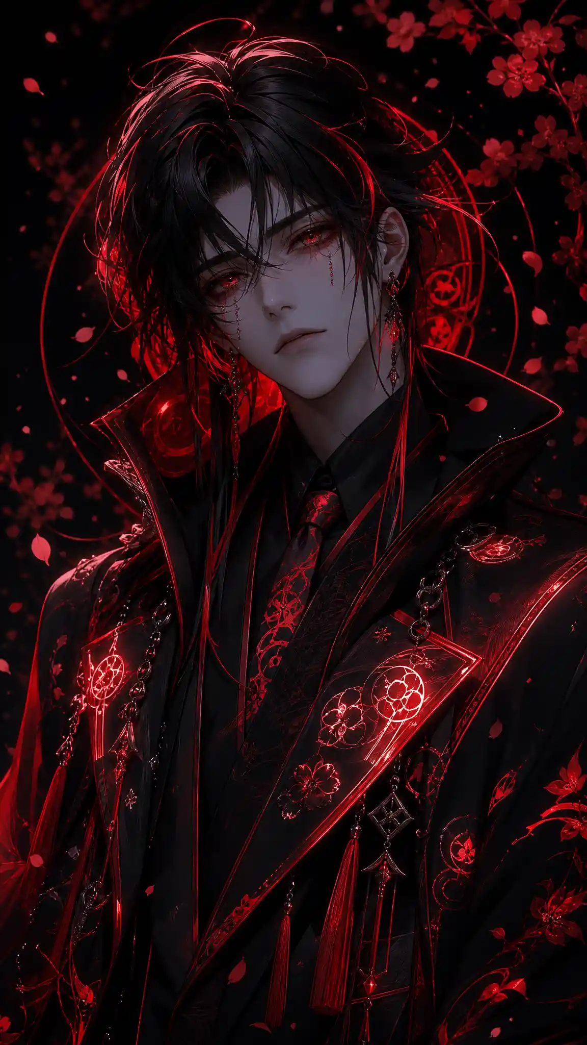 Melancholischer Anime-Mann in leuchtendem Schwarz-Rot-Outfit