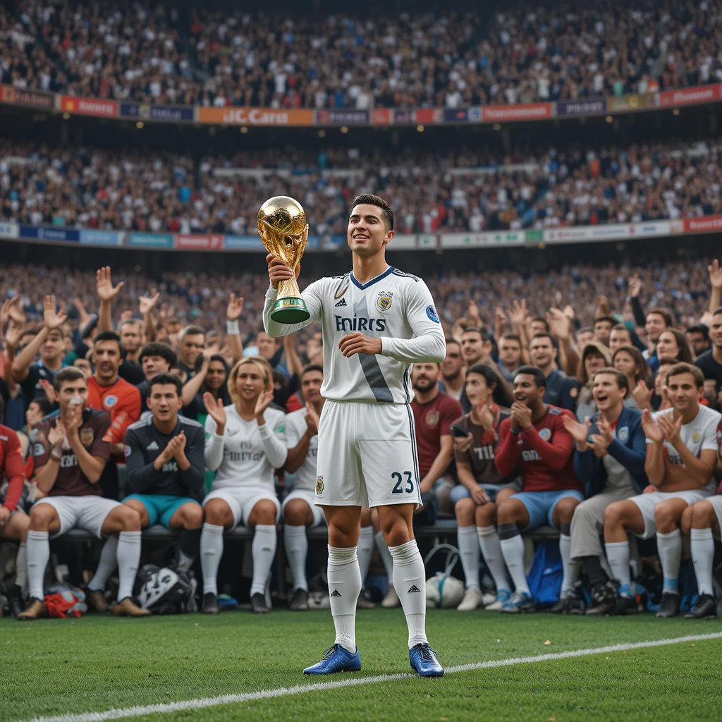 Soccer player holding the World Cup on the field
