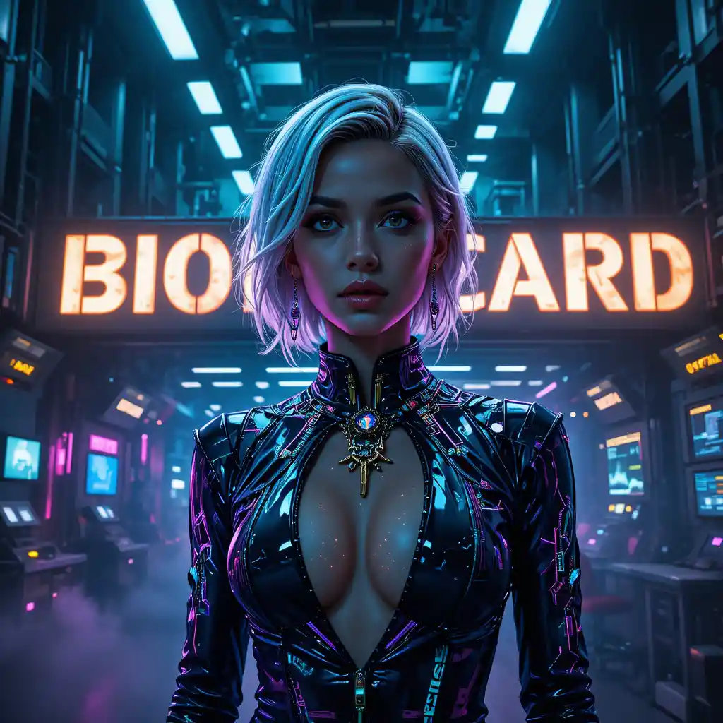 Cyberpunk femme fatale in industrial biohazard control room