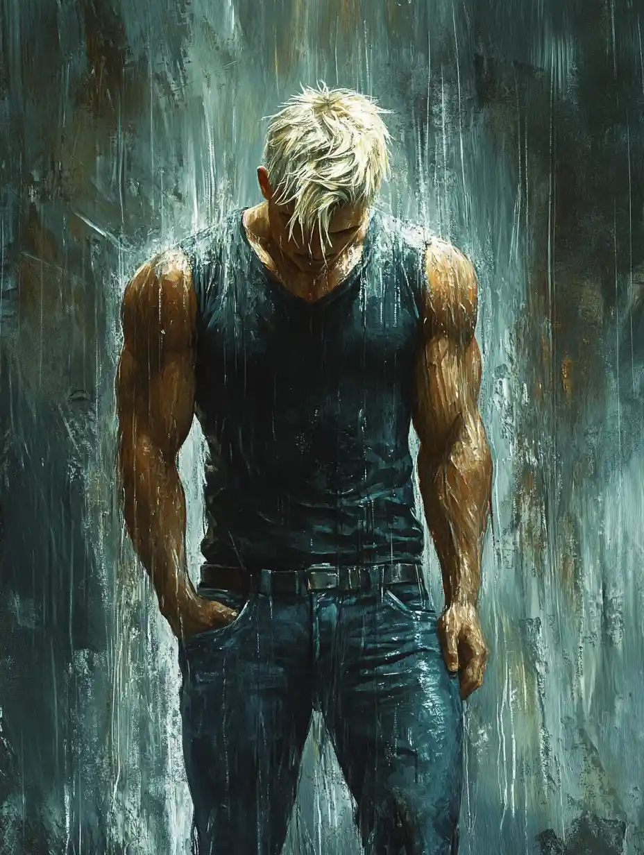 Hopeless muscular man standing in the rain on empty street