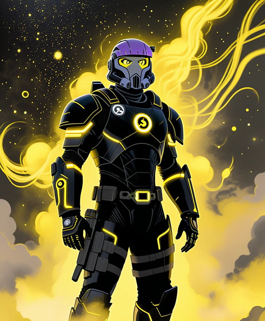 Acrylic sci fi warrior in black armor with neon glow
