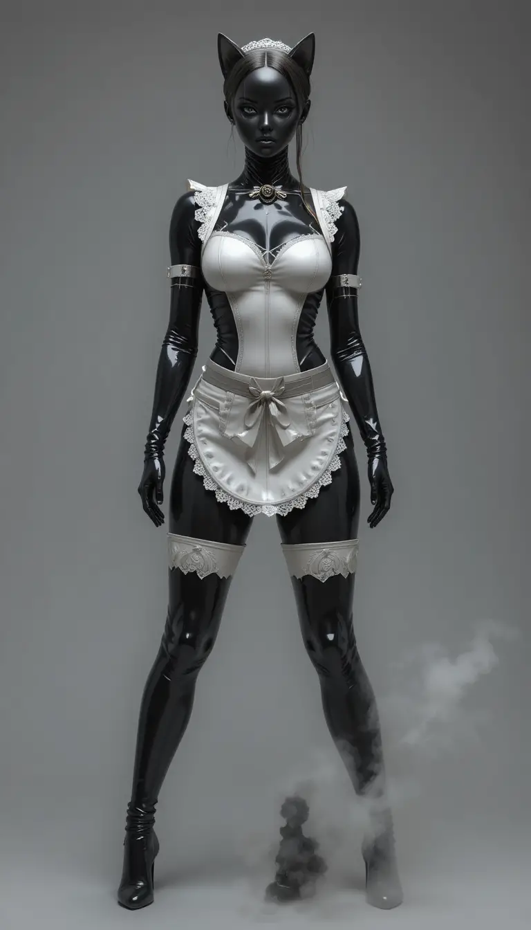 Android figure in black latex catsuit and maid uniform