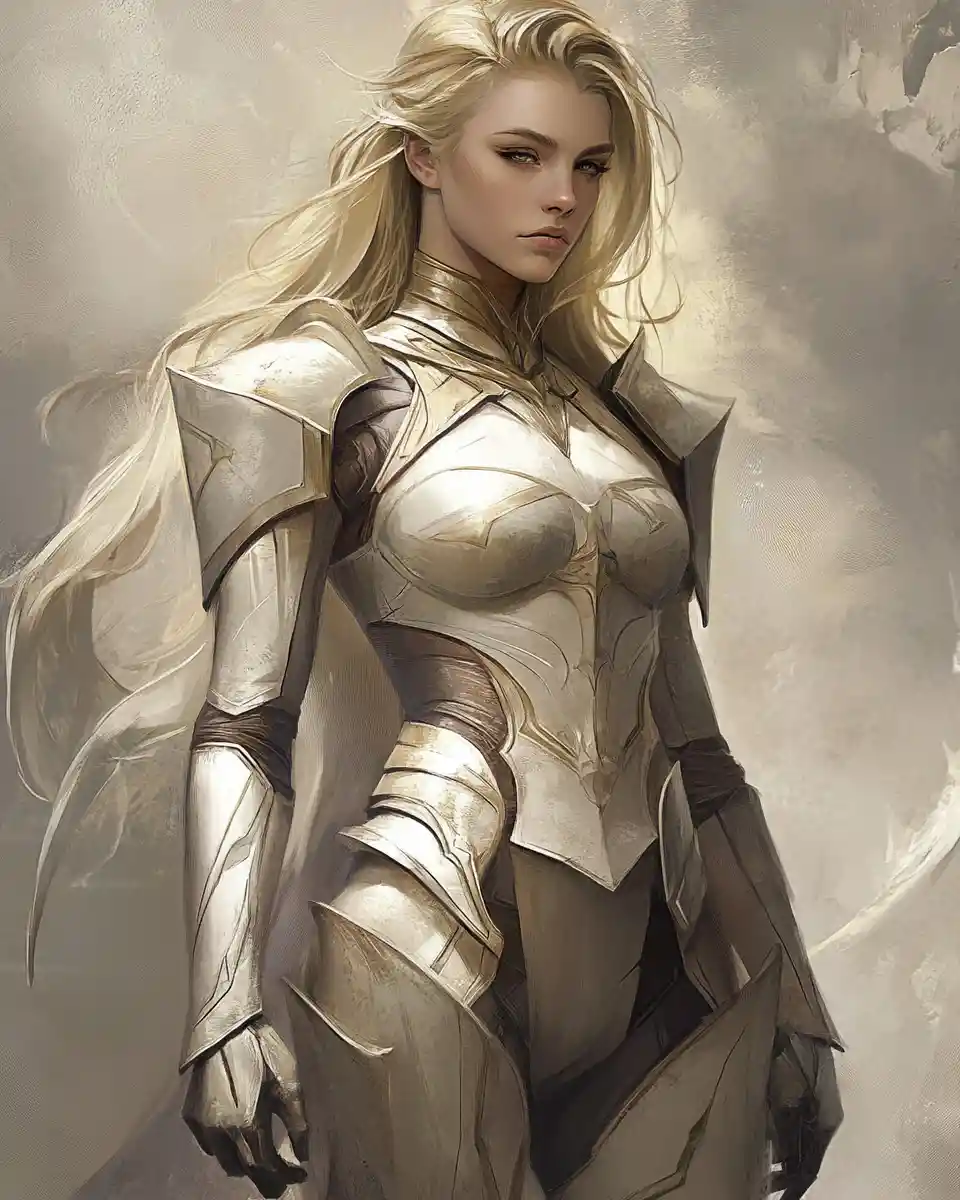 Armored blonde warrior woman in glowing sculpted armor