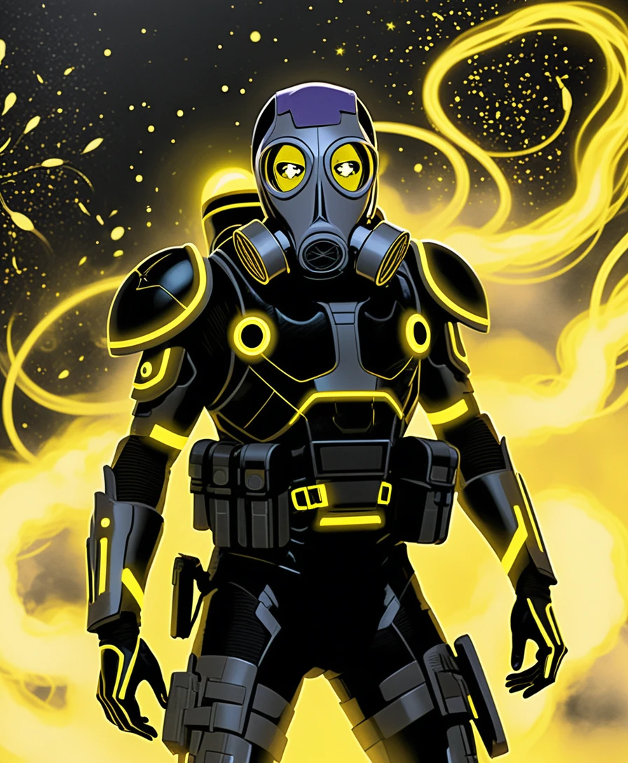 Armored soldier with gas mask in glowing yellow mist