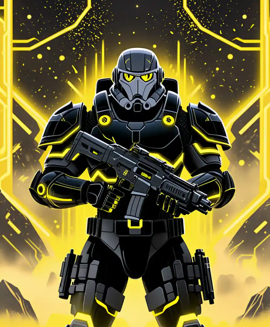 Armored sci fi soldier with neon gun in yellow space