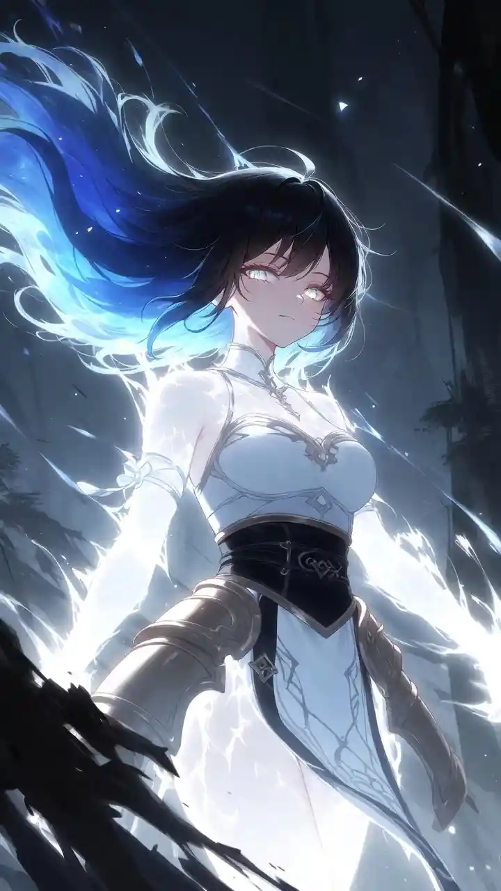 Sad luminous eyed woman in white armor in darkness