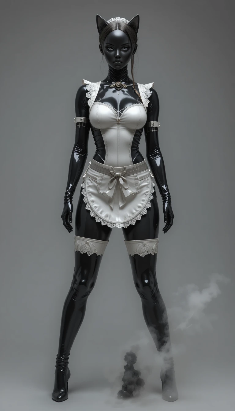 Android figure in black latex catsuit and maid uniform