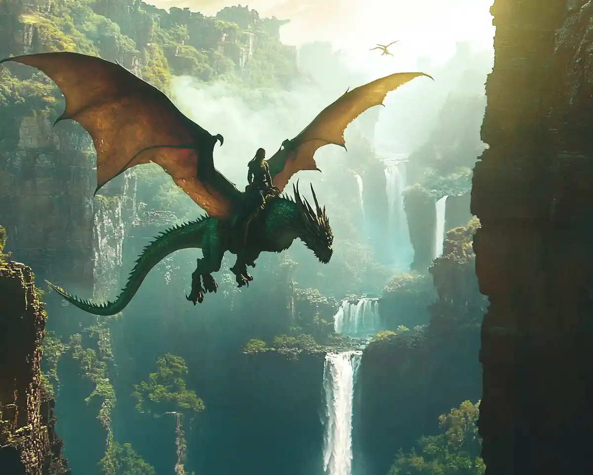 Dragon rider soaring through a hidden jungle canyon