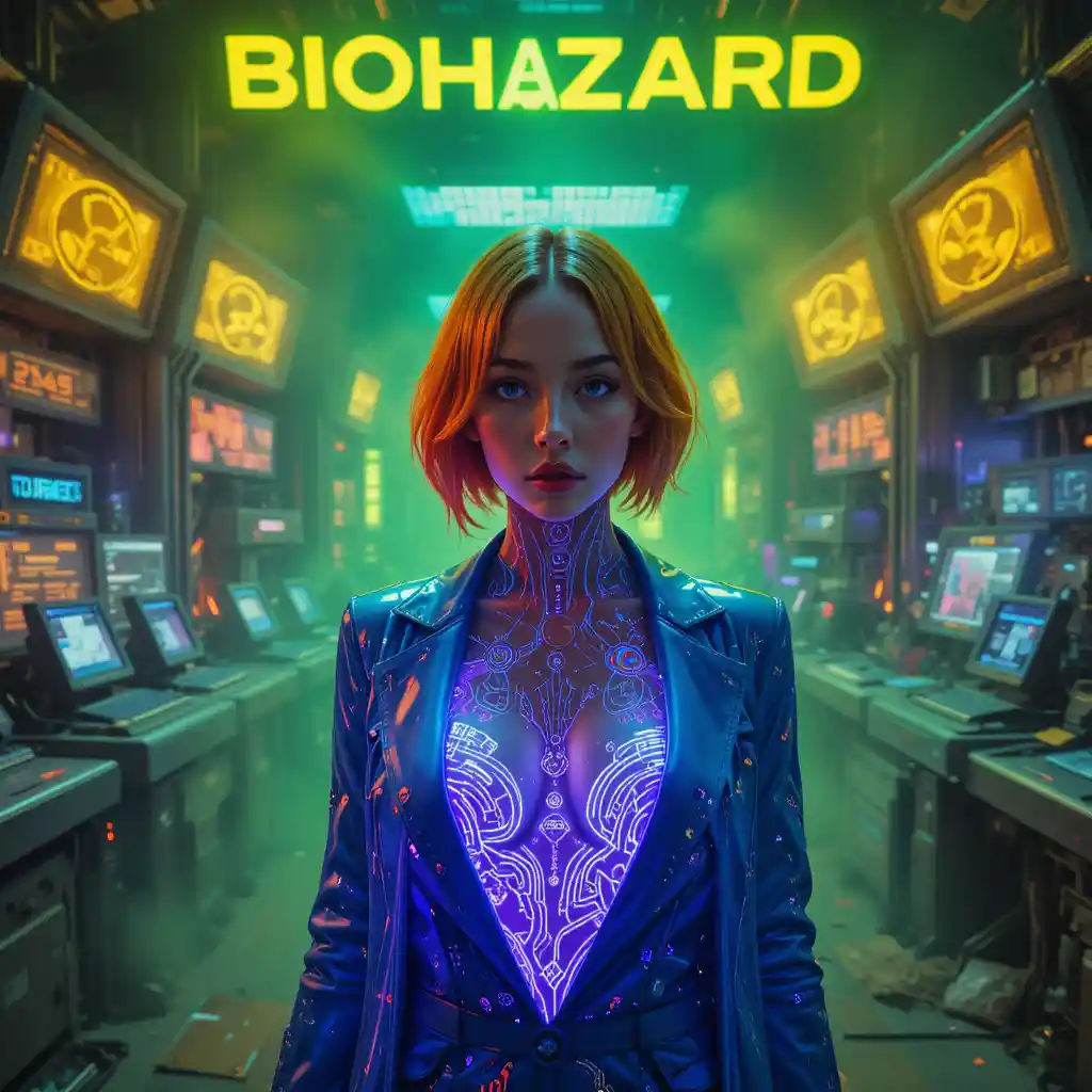 Donna cyberpunk in sala di controllo biohazard tossica – ritratto