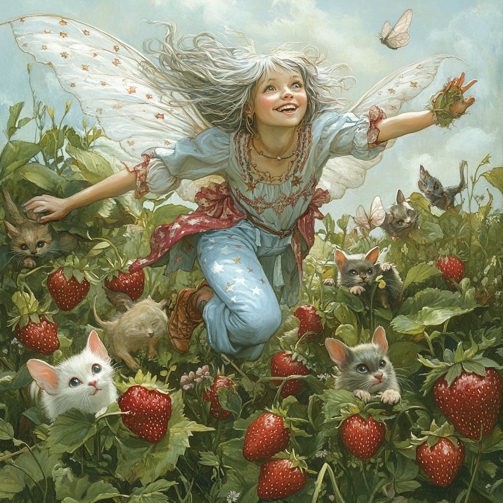 Hada fantasiosa volando sobre un exuberante campo de fresas