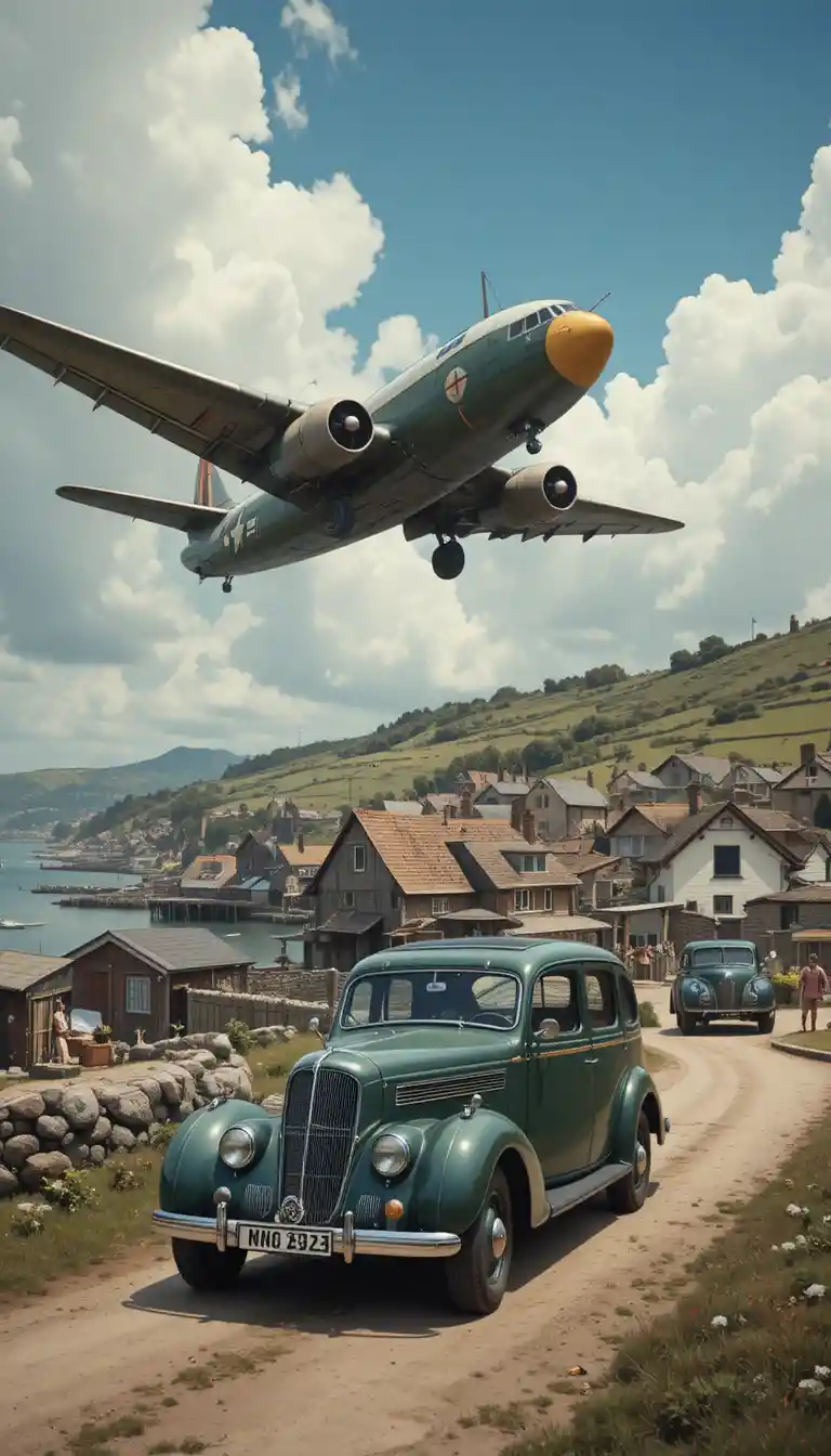 English bomber flying above a quiet Scottish fishing village