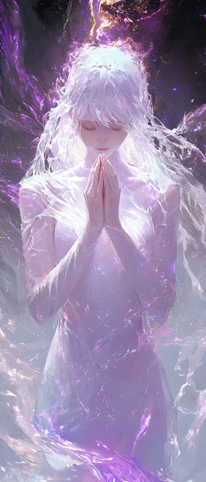 Anime girl in prayer amid glowing abstract cosmic energy