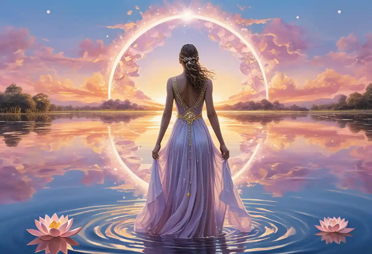 Woman in flowing dress standing on mirrored water at sunset