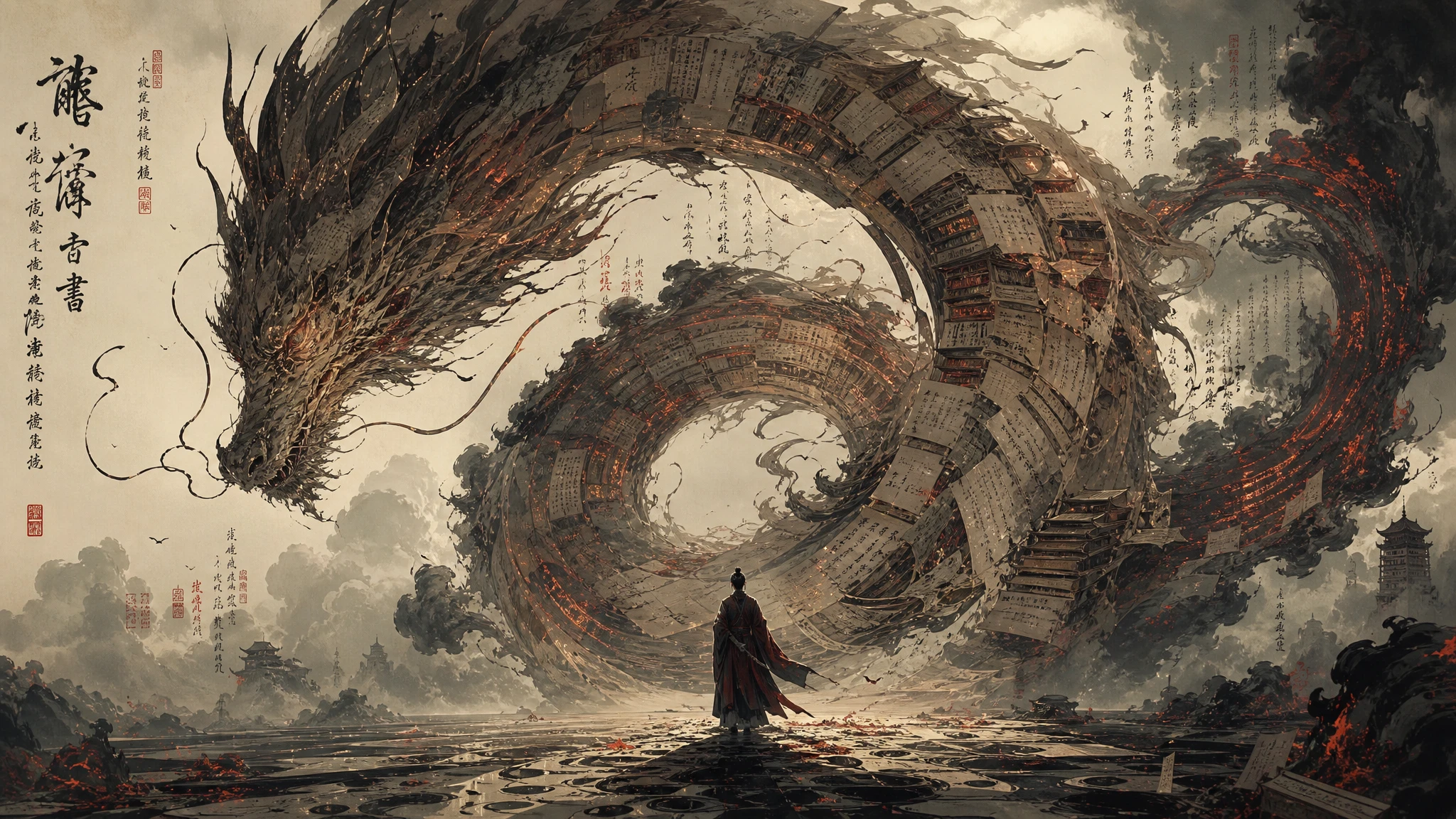 Contemplative manuscript dragon coiling above a lone figure