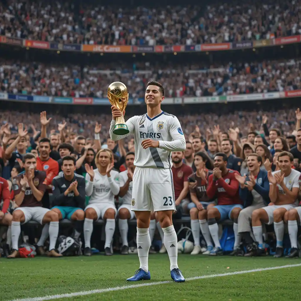 Soccer player holding the World Cup on the field