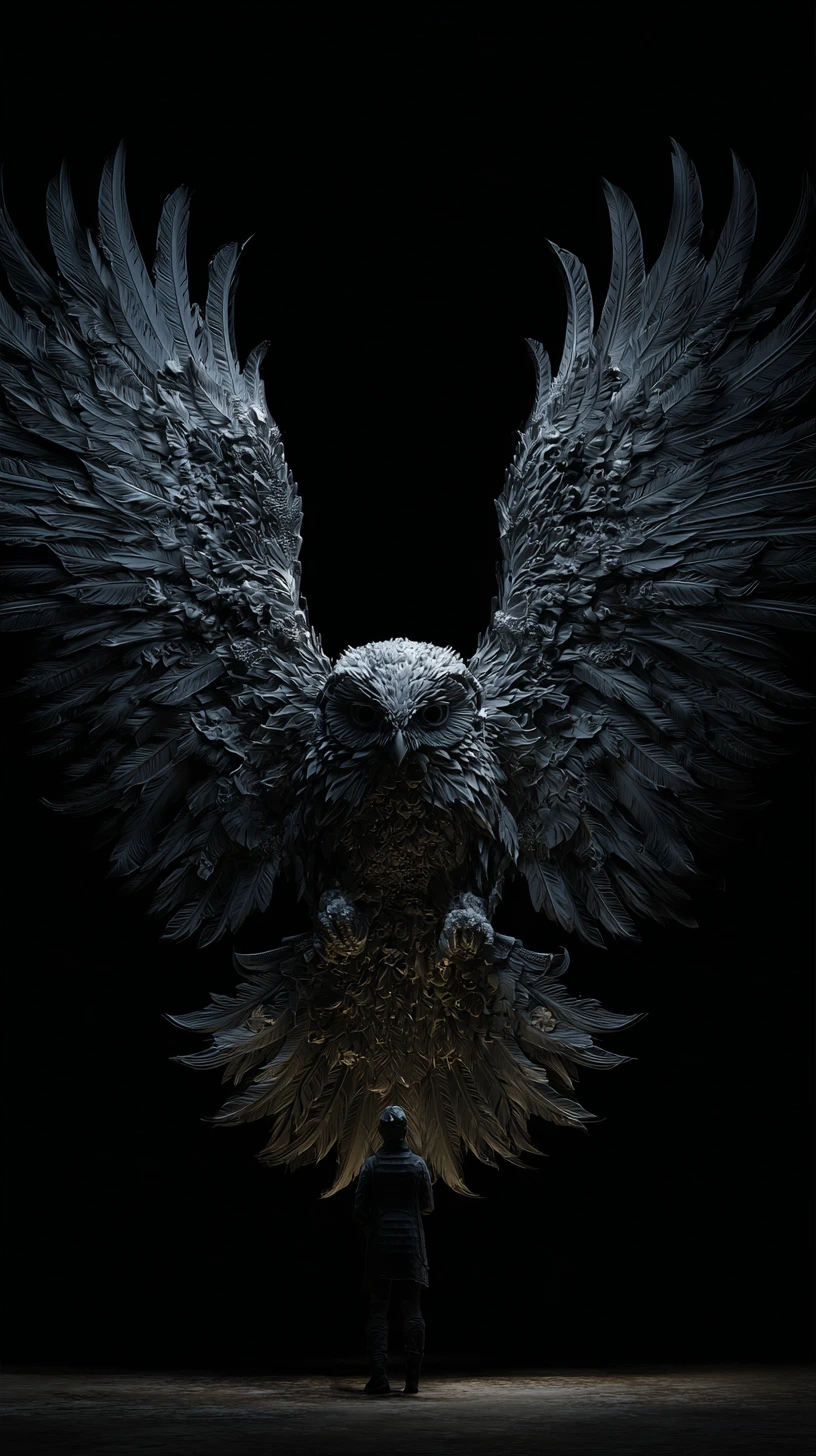 Surreal owl of pages hovering above a lone viewer