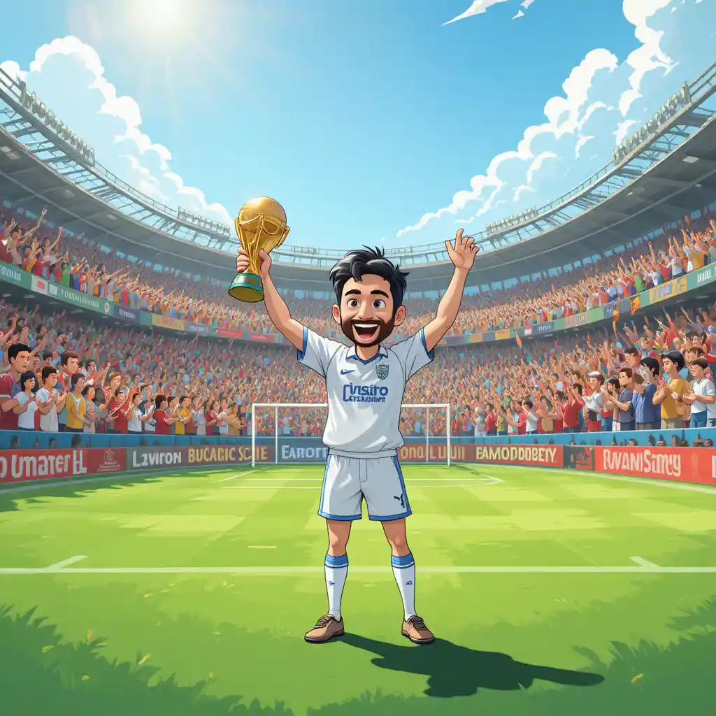 Football legend lifting the World Cup before cheering fans