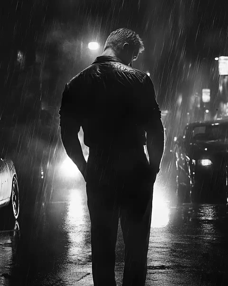 Lonely man in the rain on an empty city street