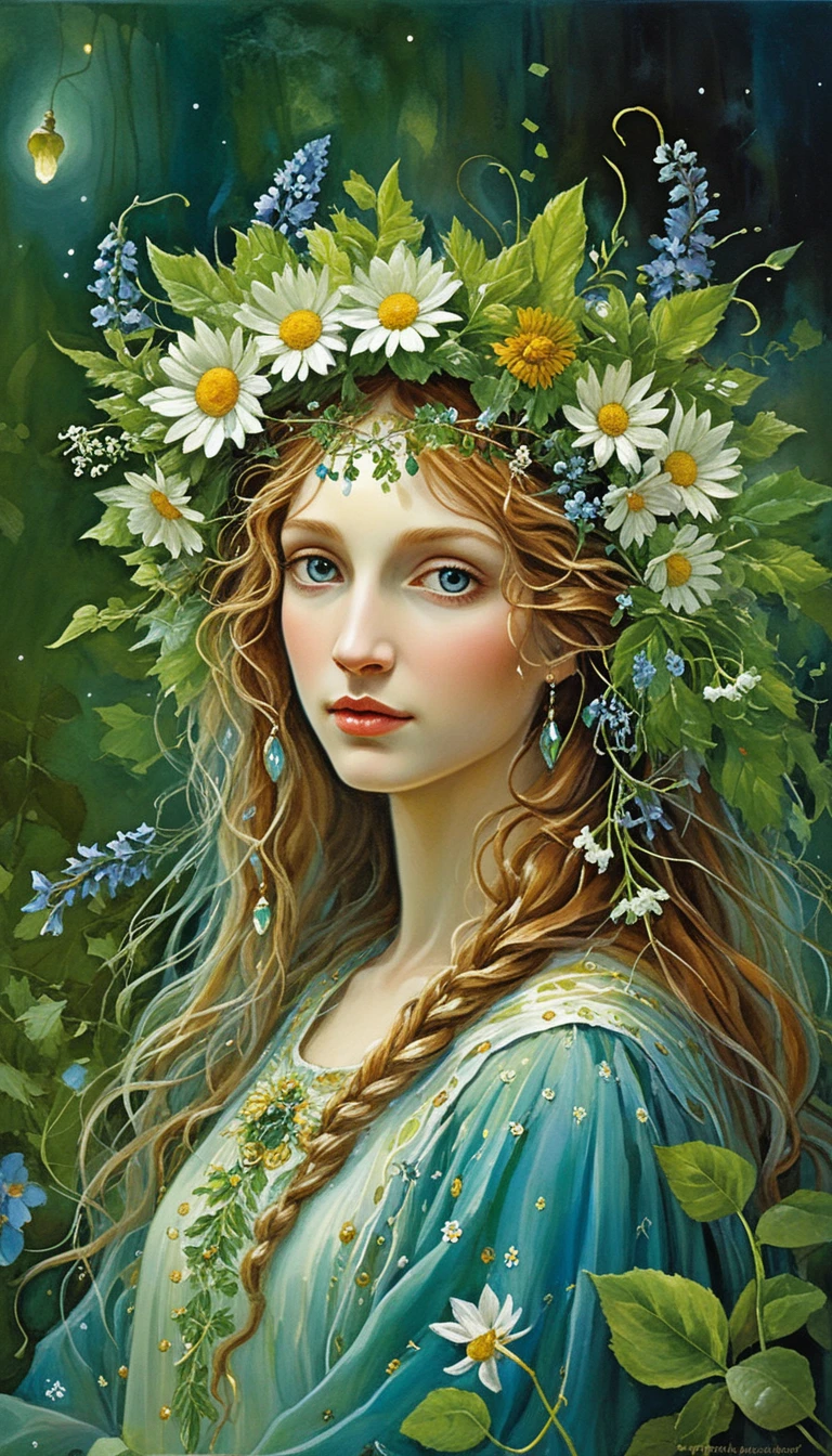 Midsummer herb wreath at sunrise in a hopeful fantasy scene