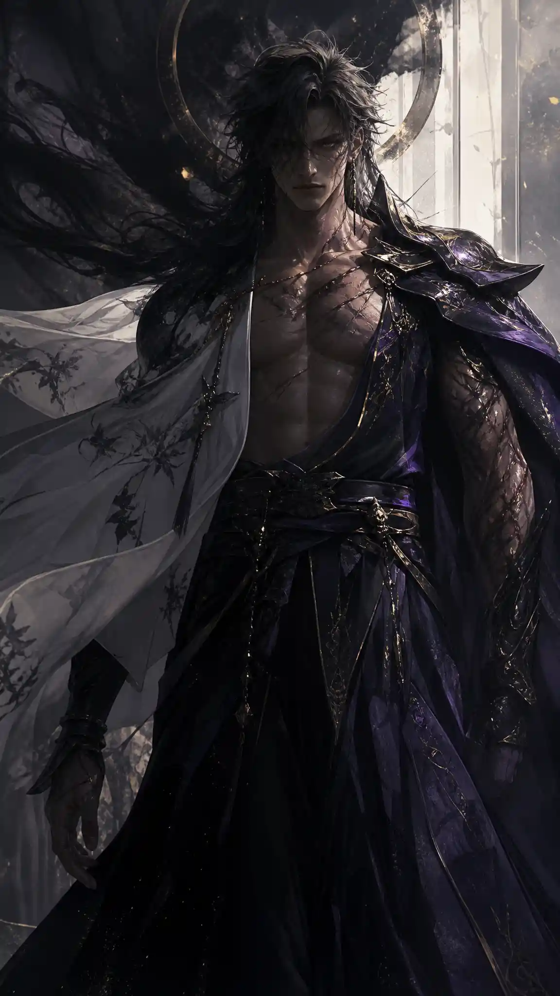 Scarred warrior cloaked in violet and shadowed darkness
