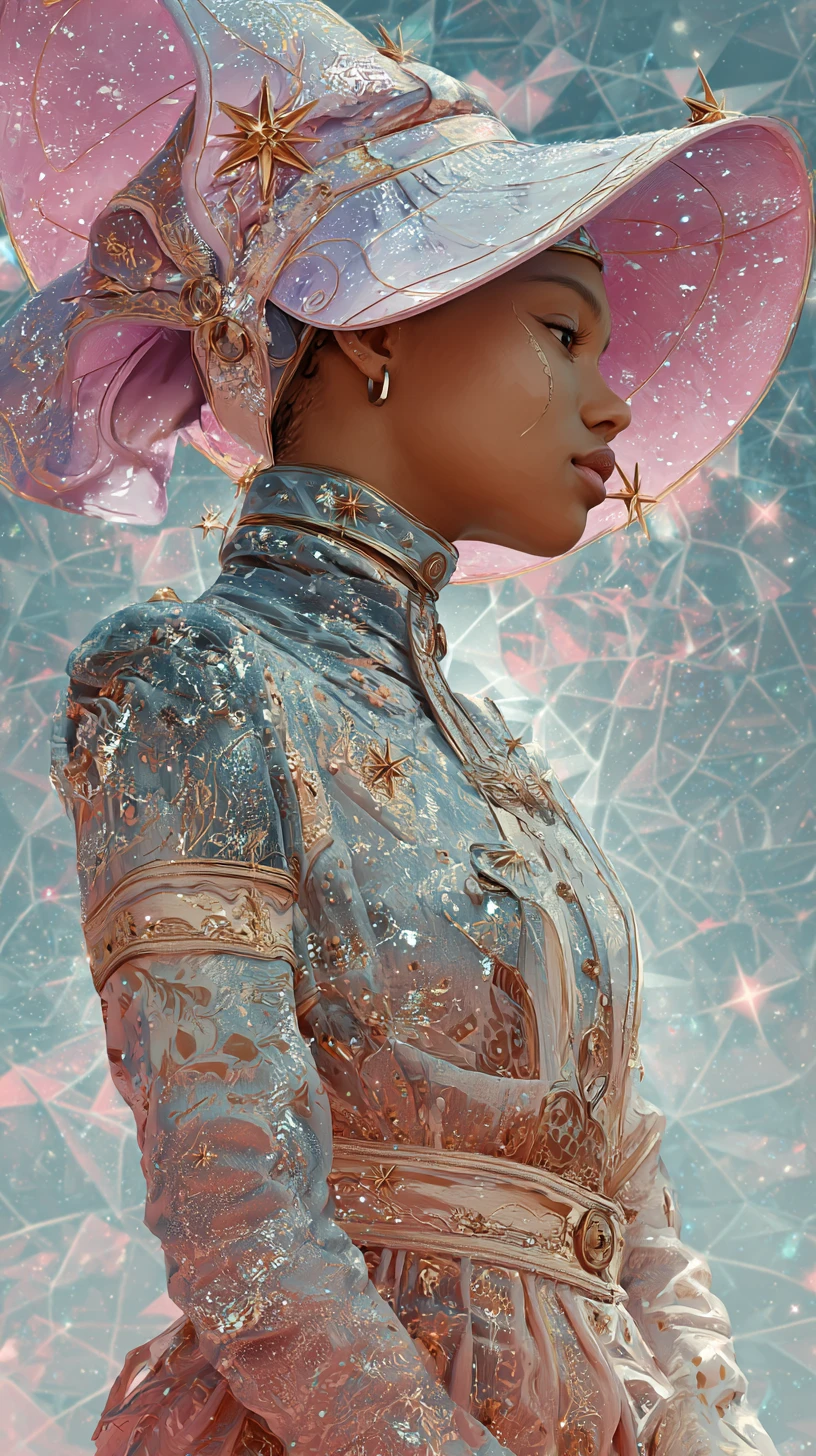 Mystical fairy in celestial hat and luxurious streetwear