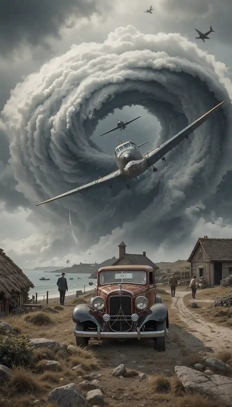 Fighter plane flying above a quiet coastal fishing village