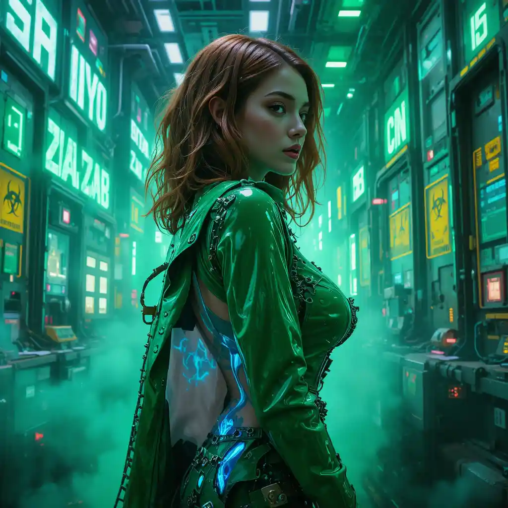Cyberpunk woman in biohazard sector fashion portrait