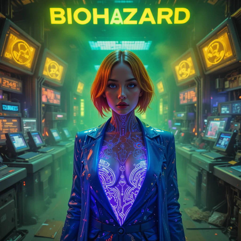 Cyberpunk woman in toxic biohazard control room portrait