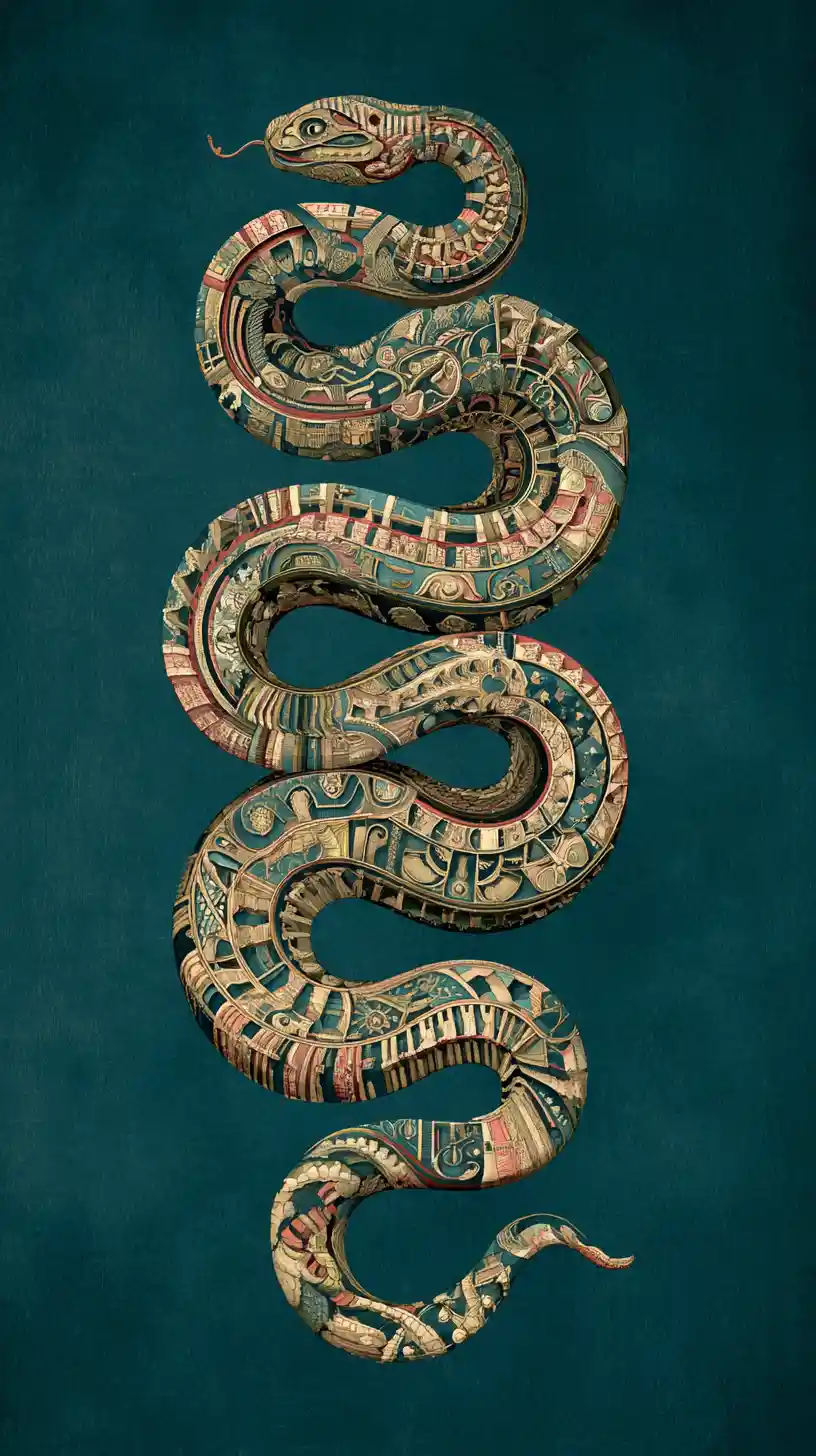 Elegant cosmic serpent looping through surreal symbolic space