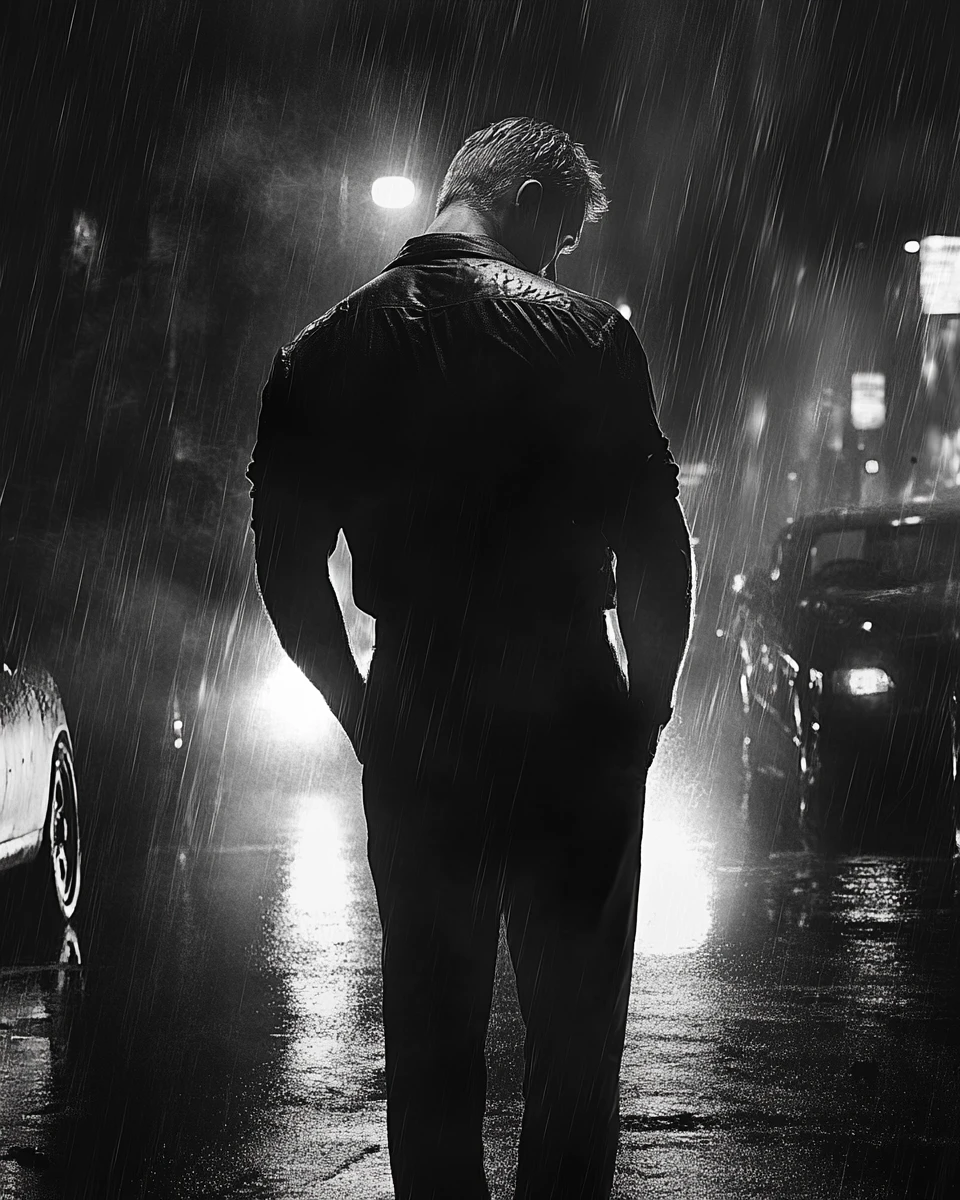 Lonely man in the rain on an empty city street