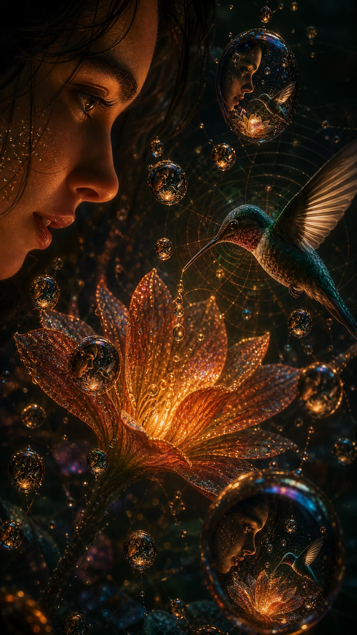 Human watching a hovering hummingbird with glowing flower