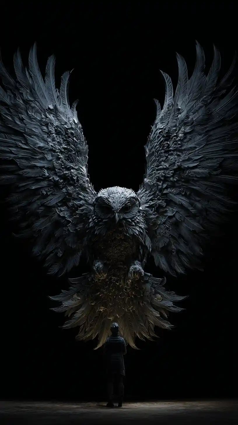 Surreal owl of pages hovering above a lone viewer