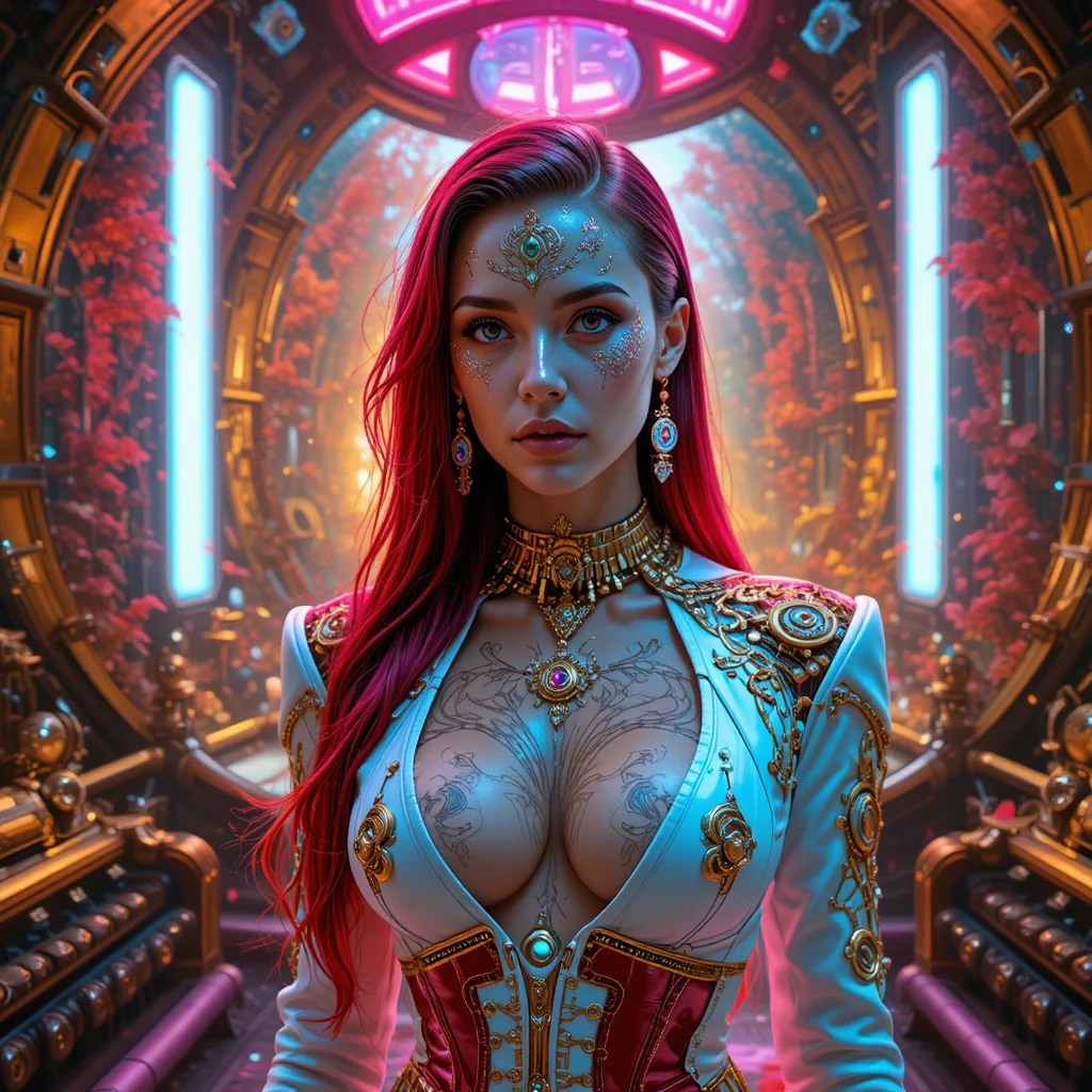 Cinematic portrait of a cyberpunk heroine in neon observatory