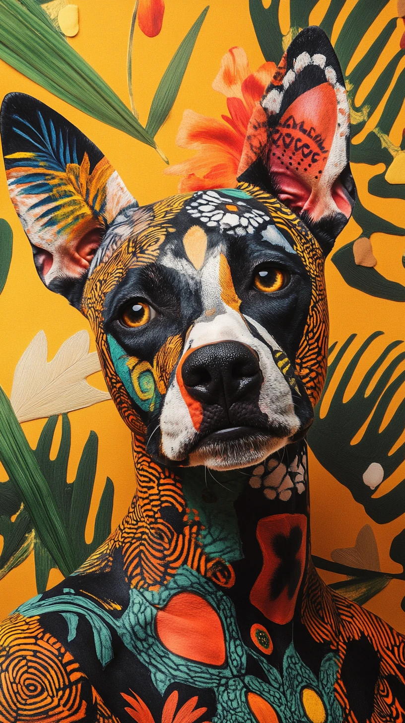 African painted dog with swirling symbolic coat patterns