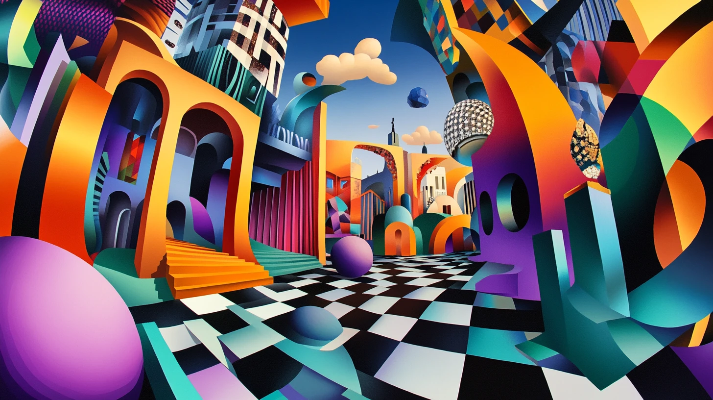 Surreal geometric dreamscape of fractured forms and illusions
