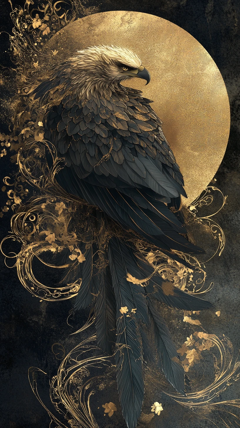 Regal figure with golden eagle in anime fine art fusion