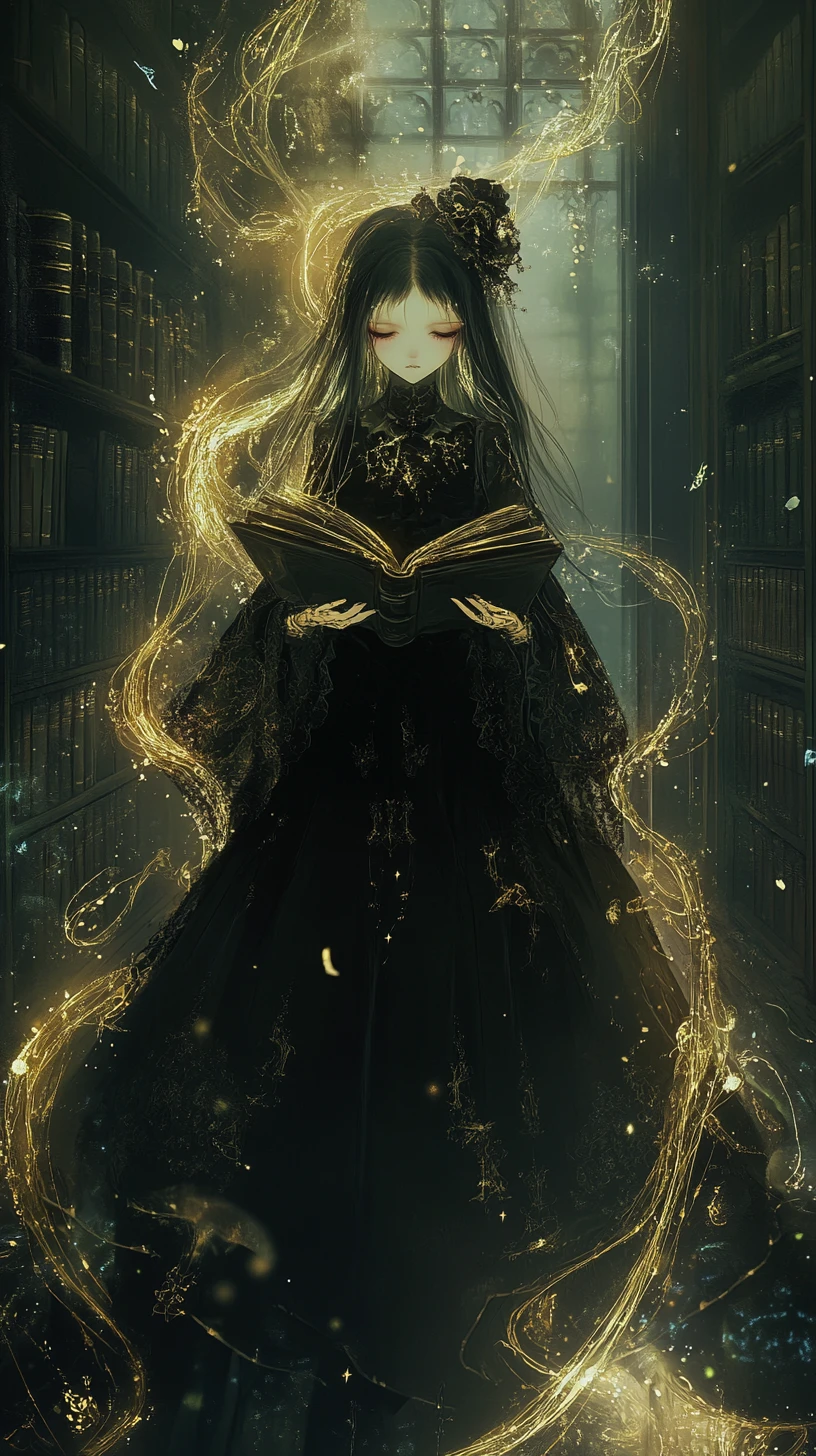 Doll like girl with glowing ink in a shadowy library