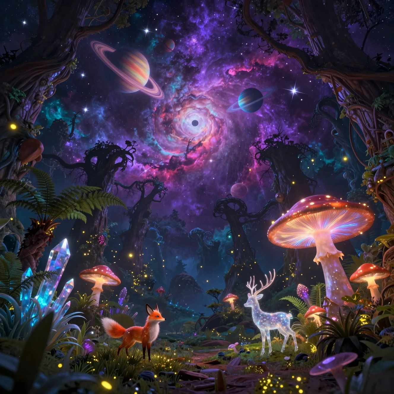 宇宙の夜空の下に広がる魔法の森の床の眺め