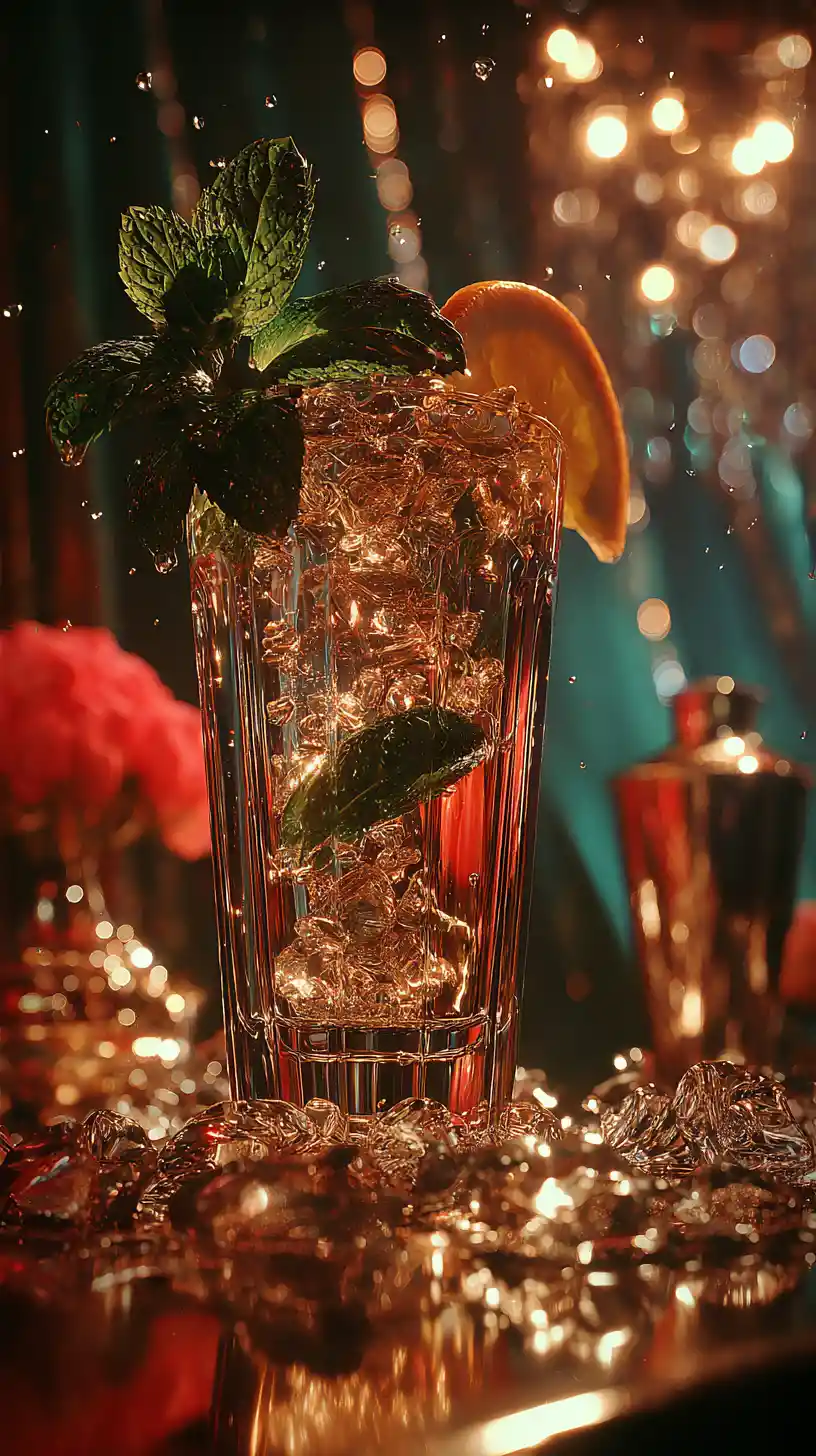 Macro close up of mojito cocktail with orange slice splash