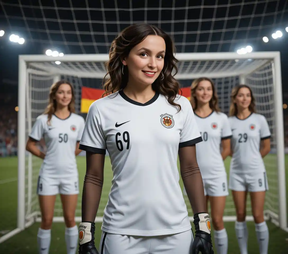 Close up of German female soccer player in spotlight