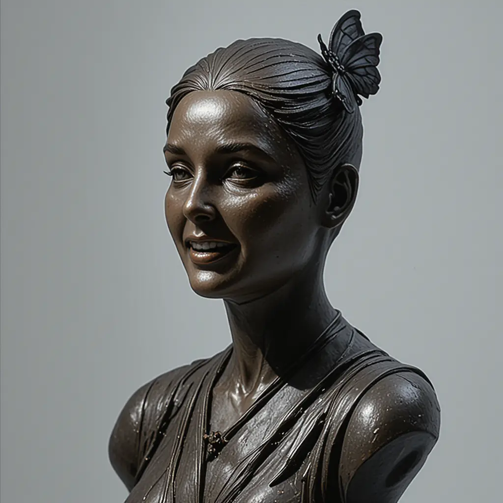 Bronze bust of an older woman in suit and bow tie