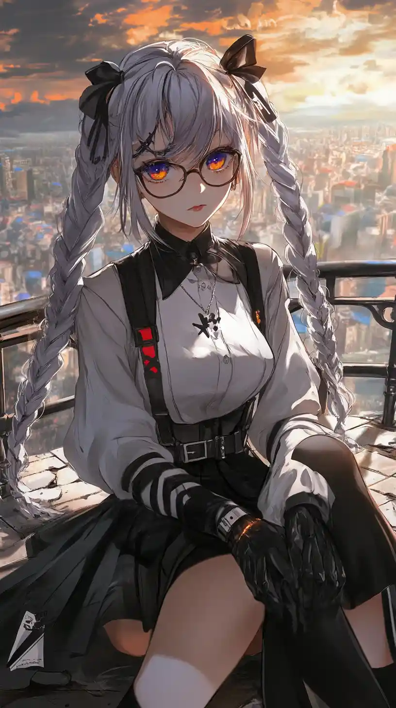 Anime girl on a bridge watching a fantasy city at dawn