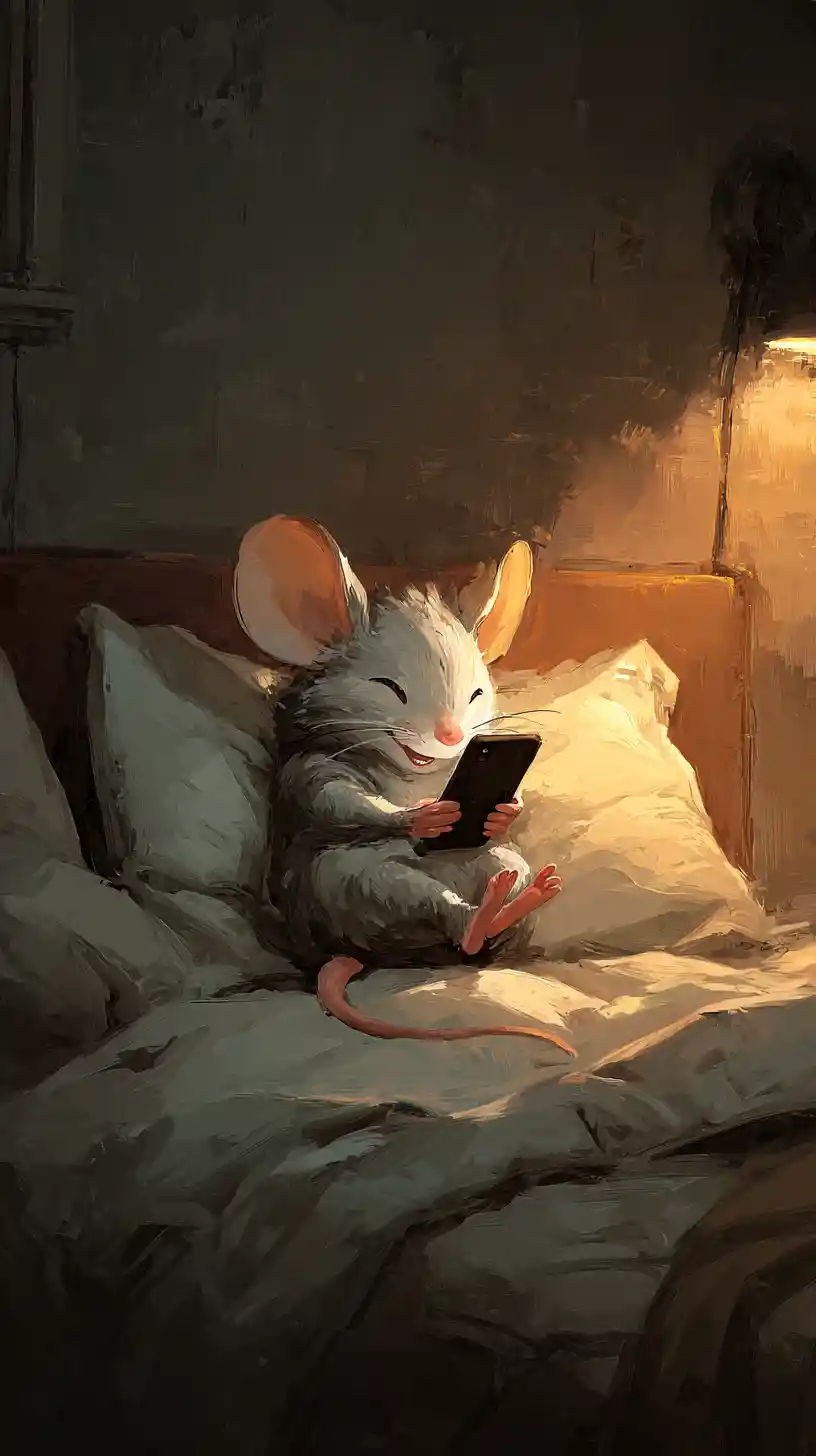 Süße Maus, die nachts im Bett am Handy spielt