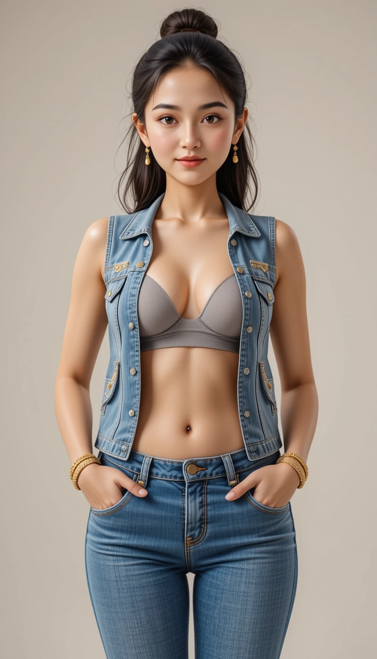 Mulher sorridente de colete aberto e jeans com pulseiras douradas