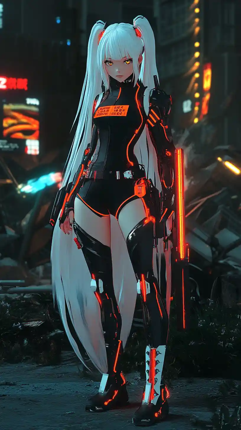 Armored anime girl with glowing neon cape at night