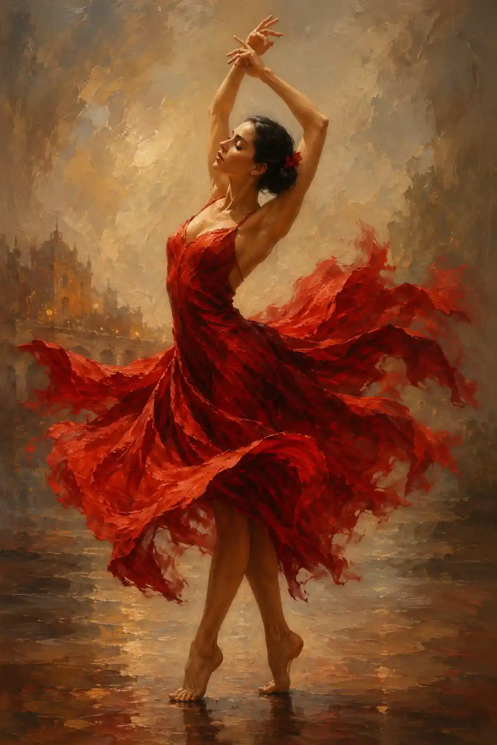 Barefoot ballerina in red dress in expressive dance pose