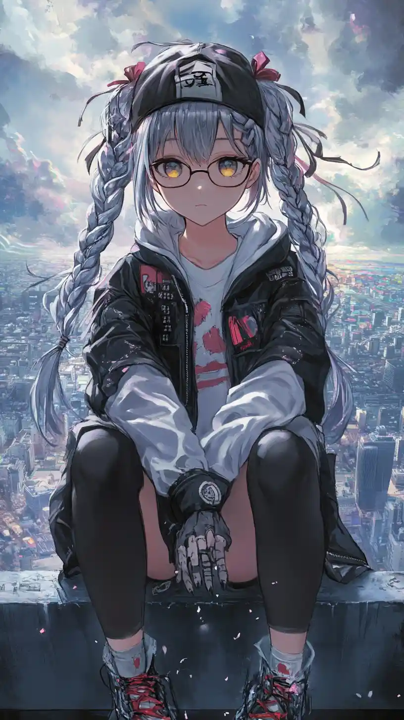 Anime girl on a bridge watching a fantasy city at dawn
