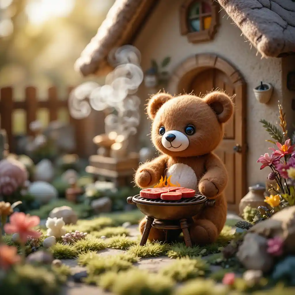 Felt Teddy Bear Grilling In A Cozy Storybook Backyard