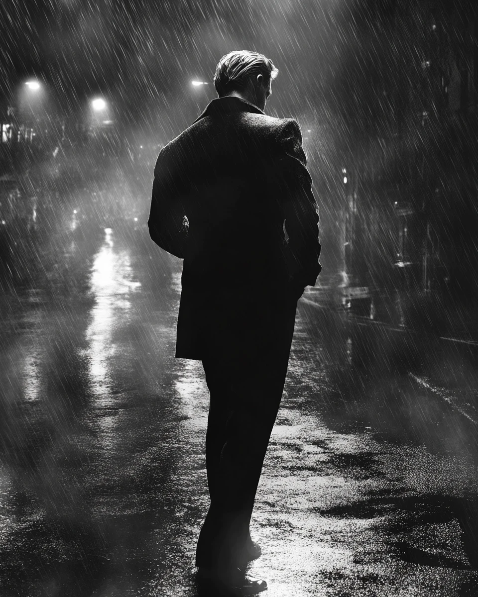 Lonely man standing in rain on empty city street