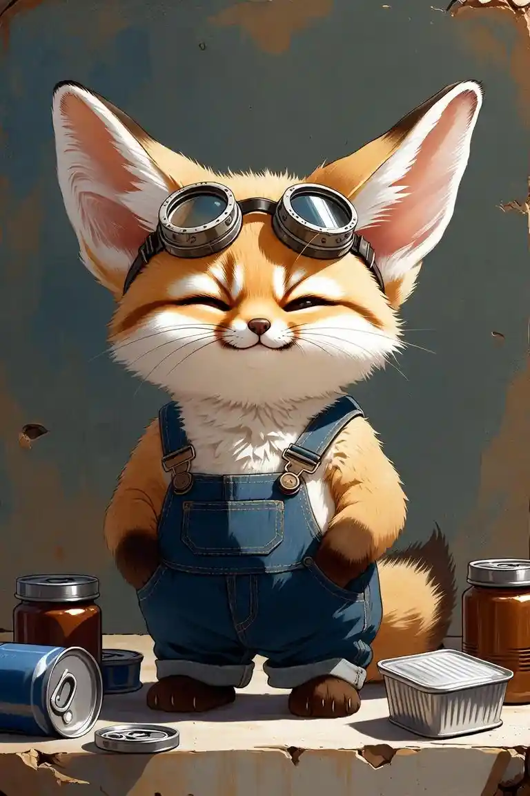 Cartoon fennec fox in denim overalls with steampunk goggles